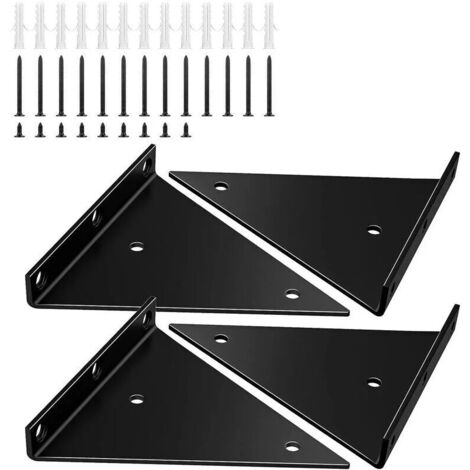 Supports d'étagère triangulaires de 5,5 pouces, paquet de 4 supports de montage mural en fer robuste avec vis, supports d'étagère muraux invisibles à angle droit, grande capacité, noir-Étagère murale (1/4)