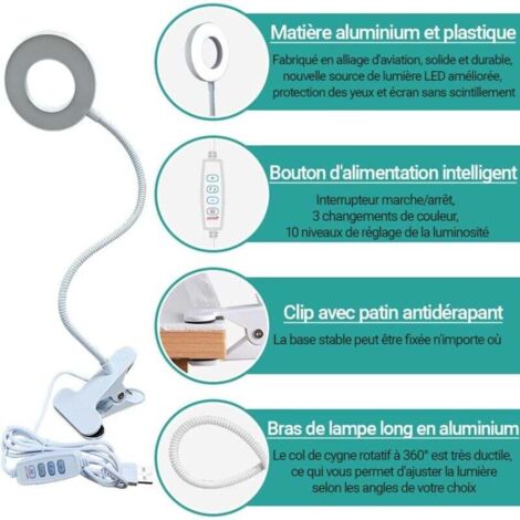 Lampe Pince Pour Lire Au Lit - Lampe Flexible Chevet 3 Modes Gradation Rechargeable, Col De Cygne 360° (Blanc)
