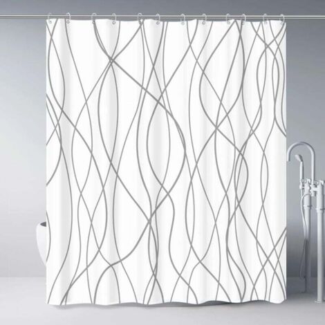 Rideau de douche en tissu rayé gris et blanc pour salle de bain avec 12 crochets, rideaux de douche pour salle de bain de 72 pouces de long, ourlet lesté, accessoires de bain imperméables style hôtel (1/4)
