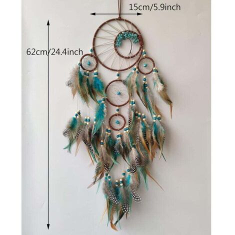 Attrape-Rêves Fait Main à Suspendre - Plumes Et Perles, Décoration Chambre Enfant, Longueur 50-55 Cm, Café