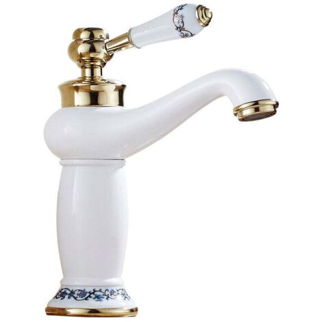 Céramique Antique Laiton Robinet Lavabo De La Salle De Bains Robinet Bleu Et Blanc En Porcelaine À Long Cou Vintage Robinet Mitigeur Évier Cuisine Cuisine Robinet D'eau Froide / Chaude(blanc) (1/4)