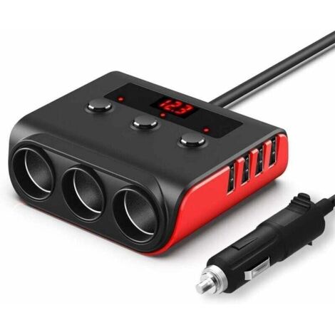 Chargeur Voiture USB Adaptateur Allume Cigare à Charge Rapide 12V/24V 3.6A 100W, 4 USB Ports Répartiteur 3 Prises avec Moniteur de Tension 3 Interrupteurs Séparés Fusible Remplaçable 10A - Rouge (1/4)