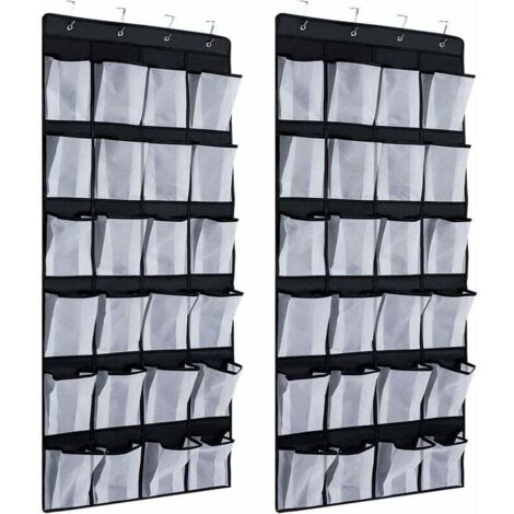 2 Pcs 24 Poches Range-Chaussures à Suspendre sur La Porte, Rangement de Chaussures avec 8 Crochets (Noir) (1/4)
