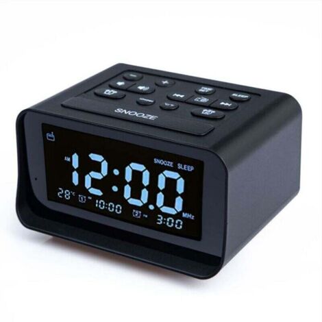 Radio-réveil numérique avec double chargeur USB pour chambre à coucher, volume d'alarme et luminosité réglables (noir)