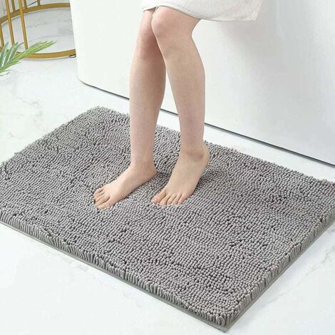 Tapis de bain antidérapant en microfibre chenille - Tapis de bain absorbant - 60 x 90 cm - Gris clair (1/4)