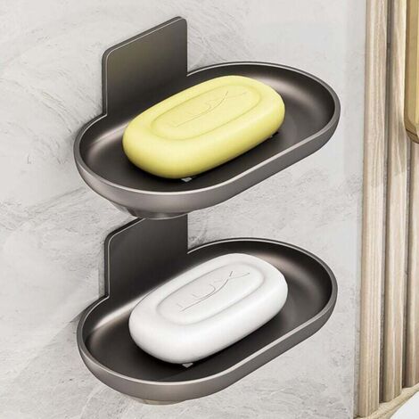 Porte-savon double pour douche, montage mural, avec égouttoir, en aluminium, gris acier (1/4)
