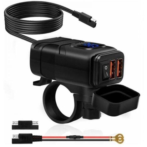 Chargeur Usb de Moto ÉTanche, Prise de Chargeur de Voiture Double USB/QC3.0, Prise USB Moto Etanche Charge Rapide avec Interrupteur et Voltmètre LED(lumière bleue) (1/4)