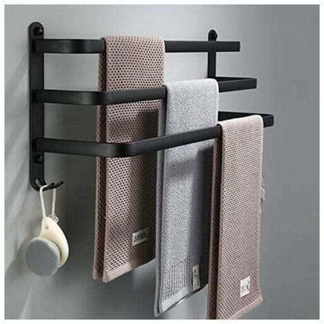 Porte Serviettes Salle de Bains Noir - Barres Porte Serviettes Adhesif Mural - Étanche avec Crochet(50cm, Three Bars)