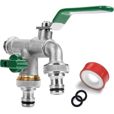 Robinet Double De Jardin,Robinet Avec 2 Sorties 3/4" - Entrée 1/2", 1 Bande D'étanchéité À Rouleau, Double Raccord Et Embout De Tuyau Pour Jardin, Citerne De Pluie, Machine À Laver (Vert) (1/4)