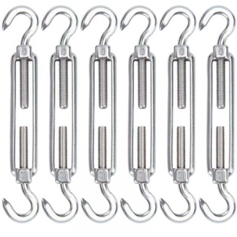 ALOVEZ Tendeur de câble en acier inoxydable M8, lot de 6 crochets de tendeur de fil et crochets de tension robustes réglables pour montage de corde, câble, corde à linge, clôture d'ombrage (1/4)