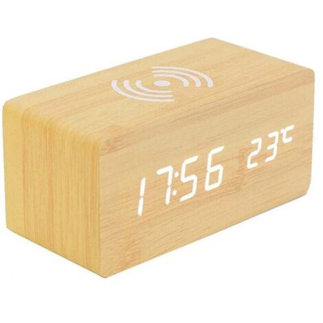 Thermomètre Numérique Réveil Réveil Numérique Bois Réveil À Bois LED Digital avec Chargeur sans Fil, Réveil en Bois avec Chargeur À Induction Chargeur sans Fil pour Chambre/Bureau (1/4)