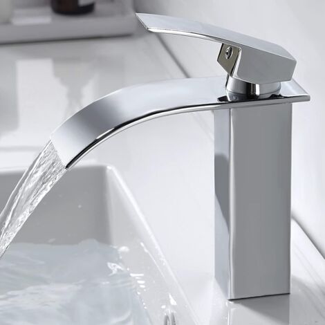 Moderne Robinet Salle de Bain Cascade, Design Elégant Robinet Lavabo, Mitigeur en Laiton, Eau Chaude et Froide Disponible, Robinetterie Chromé G 3/8 (1/5)