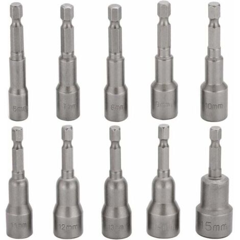 Paquet de 10 embouts de douille pour tournevis à percussion, jeu de douilles hexagonales magnétiques de 6 à 15 mm (1/4)