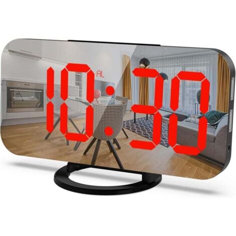 Réveil numérique, écran 6,5" avec mode de gradation, luminosité réglable, 2 ports de charge USB, (texte vert sur fond noir) (1/4)