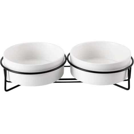 (28.5×14.5×7cm)Blanc+Blanc Gamelle Chat Surélevée, Gamelle Eau Chat en Céramique avec Support Métal, Double Gamelle Anti Renversement, 2x400ml (1/4)