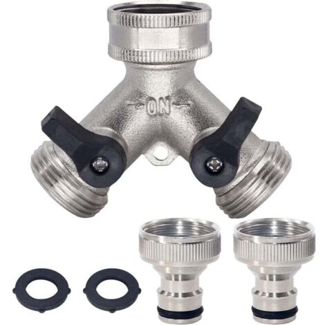 Répartiteur de tuyau d'arrosage en laiton à 2 voies et connecteur rapide pour tuyau d'eau de 3/4", adaptateur de robinet de tuyau répartiteur en Y, 2 vannes avec 2 rondelles en caoutchouc supp (1/4)