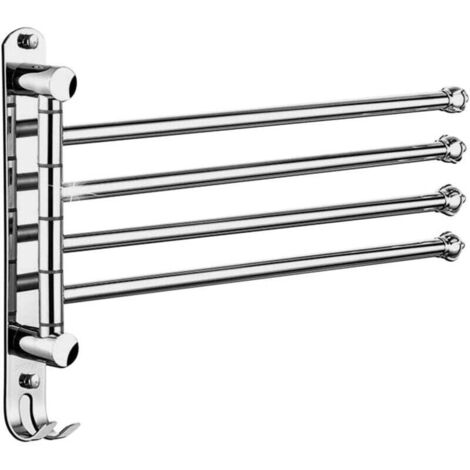 Porte-serviettes pivotant, barre à serviettes à 4 bras en acier inoxydable, fixation murale avec crochets (argent) (1/4)