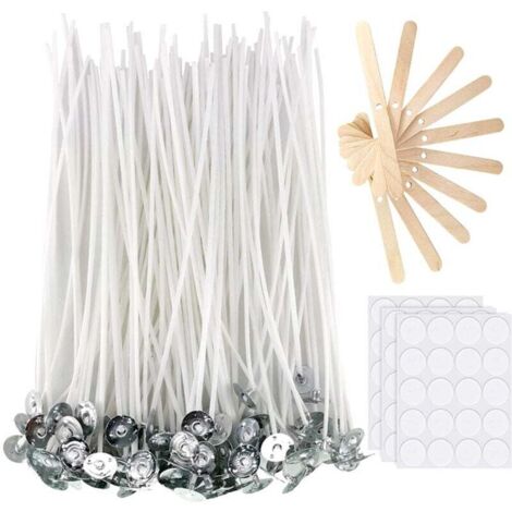 GVSS 100 Pièces Mèche Bougie Naturelle en Coton 10cm, Mèches pour Bougies,avec Supports en Bois,Autocollants Double Face et Fixateurs Métalliques,Idéales pour Bougies Parfumées et Décoratives