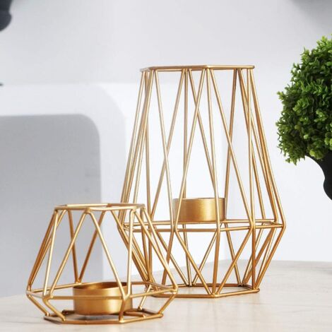 2 Pcs Metal Hexagon Shaped Geometric Design Tea Light Votive Candle Holders, Iron Hollow Tealight Candle Holders for Vintage Wedding Home Decoration, Gold Christmas Candle Holder Decor (S + L) (1/3)