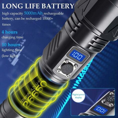 Lampe torche LED rechargeable super puissante 1000 lumens, 5 modes d'éclairage