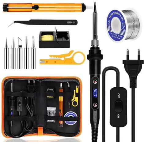 Fer à Souder Set,80W Température Réglable 180-500°C Electronique de Precision avec Interrupteur ON/OFF, 5 Conseils de soudage,Barre de Soudure pour la Maintenance Electrique (Noir) (1/5)