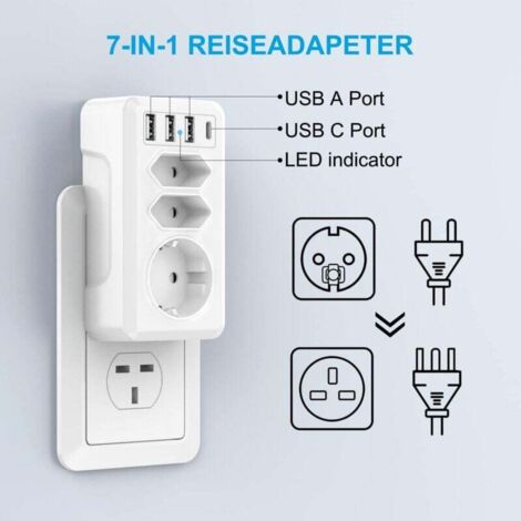 Adaptateur Prise Anglaise 5 En 1 Type G Avec USB C Et USB A - Voyage UK Irlande