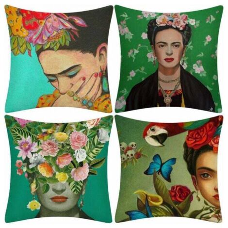 4 pièces peinture à l'huile Frida Kahlo autoportrait coton lin jeter taie d'oreiller voiture, coussin canapé, canapé, couvre-lit 4545CM (1/4)