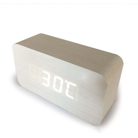 blanc Numérique Réveil Bois Réglable Luminosité Contrôle Vocal LED Horloge Rectangle Affichage Temps Température Décor À La Maison (1/3)
