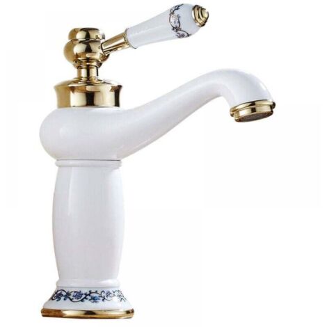 Robinet de lavabo de salle de bain en laiton et céramique antique Robinet mitigeur en porcelaine bleue et blanche Robinet d'évier de cuisine Robinet d'eau froide/chaude (sans tuyau d'eau) (1/4)