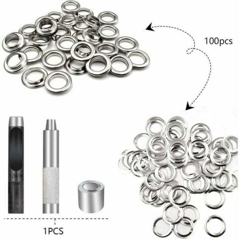 Trousse à illets Outils, Ensembles Oeillets 100 Set, Oeillets Pour Baches, Kit De Grommets Eyelets, Pour Toile Bache Tente De Réparation Argent 12mm(Diamètre Intérieur)