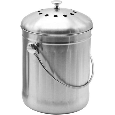 Seau Compost Inodore en Acier Inoxydable pour Cuisine - Poubelle Compost Cuisine - Comprend Filtres à Charbon de Rechange (INOX Brillant, 5 litres) (1/4)