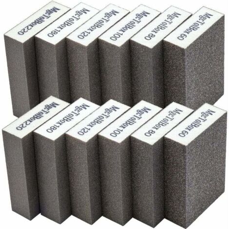 Lot de 12 éponges et blocs de ponçage , grains 60/80/100/120/180/220, lavables et réutilisables. Caractéristiques :