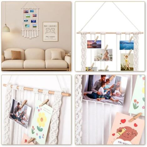 Présentoir Photo Macramé Bohème Avec 30 Pinces En Bois - Cadre Collage Mural Suspendu