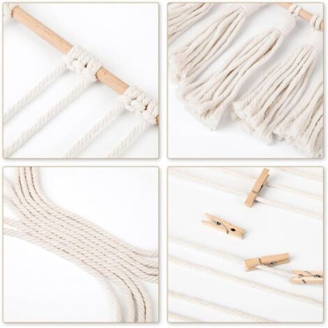 Présentoir Photo Mural Macramé Avec 30 Pinces En Bois – Support Bohème Pour Photos, Cartes, Décorations – Coton Naturel Et Bois