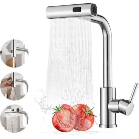 Robinet de Cuisine Cascade, Rotatif à 360° Mitigeur Cuisine avec Douchette, à Haute Pression avec Levier Unique et 3 Modes de Pulvérisation, Acier Inoxydable,argent électrolytique (1/4)