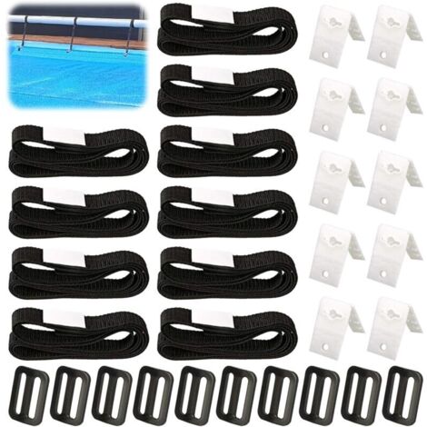 Fixation pour Bâche Solaire de Piscine,10 Pièces Kit de Sangles de Couverture Solaire,Enrouleur de Couverture Solaire,Sangles de Fixation,Pinces,Boucles,pour Piscine Universelle