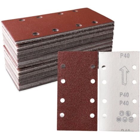 Lot de 50 feuilles abrasives 93 x 185 mm Papier abrasif carré auto agrippant 8 trous 40 grains Idéal pour ponçage, polissage et dérouillage Convient pour ponceuse rectangulaire