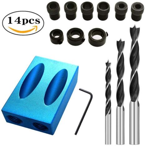ALOVEZ 14pcs Gabarit de Trou de poche, 15° Gabarit Percage Oblique, Oblique Positionneur Outil Localisation,avec Adaptateur 6/8/10mm, pour Guide Perçage pour Angle Travail du Bois (1/4)
