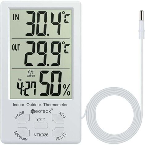 Thermo-hygromètre numérique LCD pour intérieur et extérieur, mesure de la température et de l'humidité. Capteur filaire de 1,5 m, enregistrement min/max. Conçu pour les hôtels, chambres, hôpitaux et u (1/4)