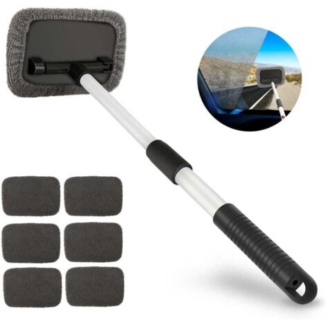 Brosse de Nettoyage de Voiture, Nettoyage de Pare-Brise avec Poignée Télescopique et 6 Tampons en Microfibre, Brosse de Fenêtre Extensible pour Intérieur et Extérieur de Voiture