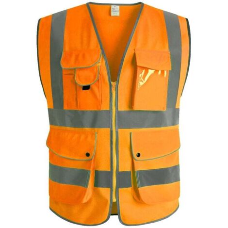 9 poches de classe 2"gilet de sécurité haute visibilité devant avec des bandes réfléchissantes, （orange-L） (1/3)