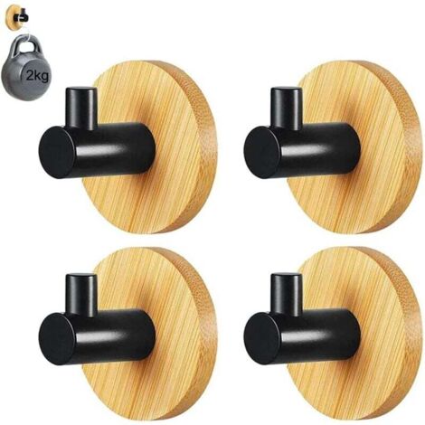 4 Pièces Crochets Auto Adhésifs, Crochet de Peignoir, Peignoir Crochet de Serviette, Crochets à Serviettes en Bambou, pour Manteau Suspendu, Ceinture, Clés, Casque, Noir, Couleur du Bois (1/4)
