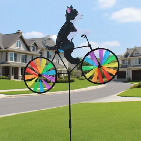 Lot de 2 moulins à vent 3D résistants aux intempéries - Vélo animal - Carillon éolien pour chien et chat - Pour l'extérieur, la cour, la pelouse, l'arc-en-ciel (chat noir) (1/4)