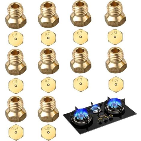 Lot de 10 Gicleur Gaz Butane, 2×0.5mm, 4×0.7mm, 2×0.87mm, 2×1.02mm Gicleur Gaz Bouteille, Gicleur Gaz de Ville, Injecteur Gaz Butane, Buse