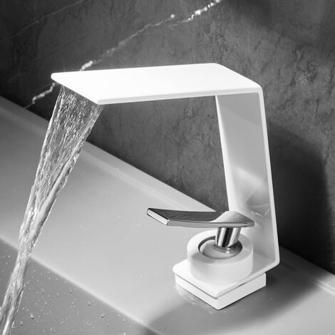 Robinet de lavabo cascade, adapté aux lavabos encastrés, à poser sur comptoir, bec haut, finition nickel brossé, cartouche céramique, pour meubles de salle de bain (blanc) - Alovez (1/5)