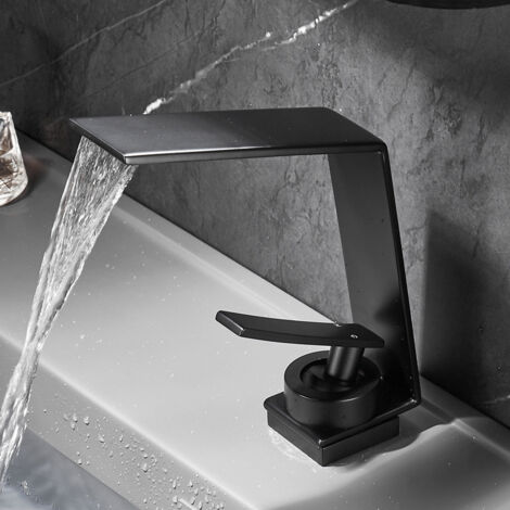Robinet de lavabo cascade, adapté aux lavabos encastrés, à la pose sur comptoir, bec haut, finition nickel brossé, cartouche céramique, pour meubles de salle de bain (noir) - Alovez (1/5)