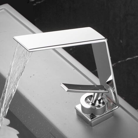Robinet de lavabo cascade, adapté aux lavabos encastrés, à la pose sur comptoir, bec haut, finition nickel brossé, cartouche céramique, pour meubles de salle de bain (argent) - Alovez (1/5)