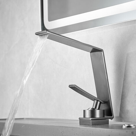 Robinet de lavabo cascade, adapté aux lavabos encastrés et à la pose sur comptoir, bec haut, finition nickel brossé, cartouche céramique, pour meubles de salle de bain (gris) - ALOVEZ (1/5)