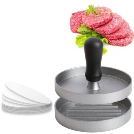 à Burger Moule Steak Haché en Aluminium Revêtement Antiadhésif + 100 Feuilles De Papier Sulfurisé, Ustensiles Cuisine pour Faire Délicieux Hamburgers, Galettes Et Barbecues, gris clair