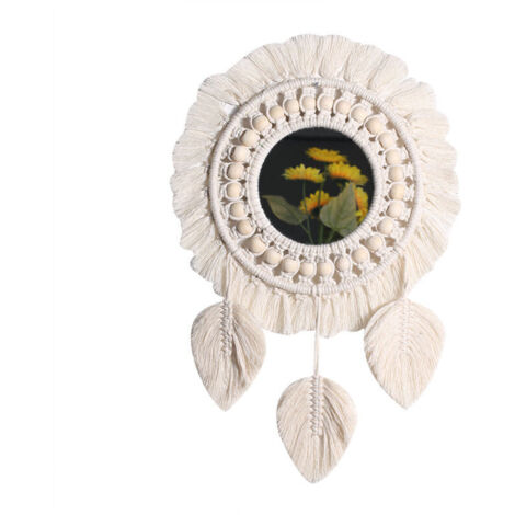 Mural à Franges en macramé avec Pendentif en Plumes de Perles de Bois Miroir Rond d'art Mural pour Couloir De Chambre à Coucher Salon Décor à La Maison (feuille)